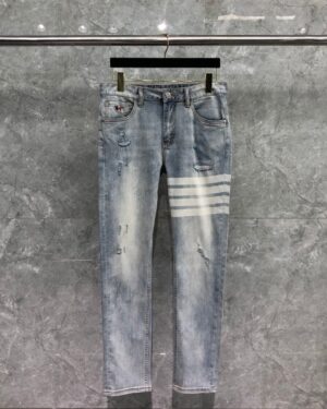 [톰브라운] 남성용 4선 스트라이프 스트레이트 빈티지 워싱 데님 팬츠