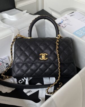 [샤넬] 코코 핸들 스몰 블랙/카멜 캐비어 카프스킨 체인탑 금장 A92990