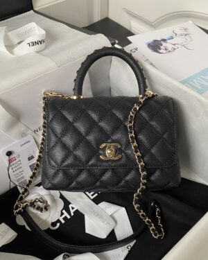 [샤넬] 코코 핸들 미니 블랙/화이트 캐비어 카프스킨 체인탑 금장 AS2215