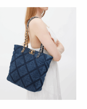 [샤넬] 19 데님 쇼핑백 골드&실버&루테늄 메탈 체인 AS3519