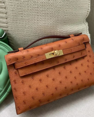 [에르메스] 미니 켈리포쉐트 골드 타조가죽 핸드백 베르트버티고/오렌지/핑크/카키