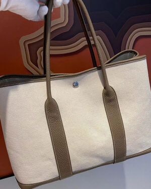 [에르메스] 가든파티 8C Gri Elephant 금장 은장 캔버스 핸드백