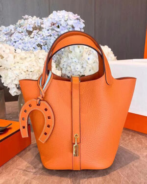[에르메스] 피코탄 Picotin 18,22cm Taurillon Clemence송아지가죽 Orange 은장 금장 핸드백