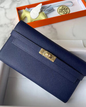 [에르메스] 켈리 클래식 장지갑 73 Blue Saphir+93 Orange Epsom 송아지가죽