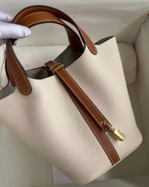 [에르메스] 피코탄 Picotin Lock 18 Craie TC+Swift 송아지가죽 핸드백 금장 은장