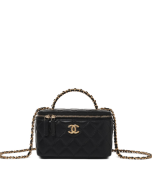 [샤넬] 베니티백 램스킨 블랙 탑 핸들 체인 금장 AP3012