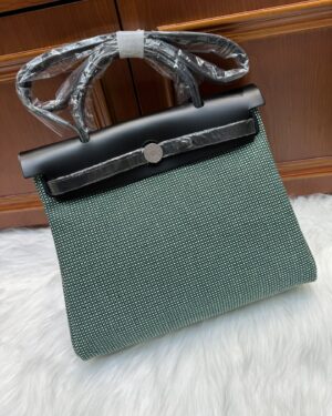 [에르메스] 에르백 Zip 31Cm Vache Hunter & Toile/ Vert Criquet / Noir - Silver