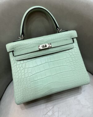 [에르메스] 켈리 25cm Matte Alligator Crocodile/ Vert d'eau - Silver