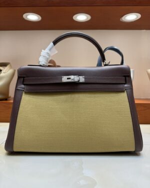 [에르메스] 켈리 35cm Swift/ Rouge Sellier/Kaki Canvas - Silver