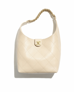 [샤넬] 라지 호보 핸드백 램스킨 베이지 골드 메탈 AS5410