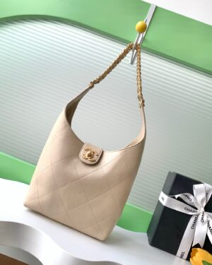 [샤넬] 스몰 호보 핸드백 램스킨 베이지 골드 메탈 AS5403