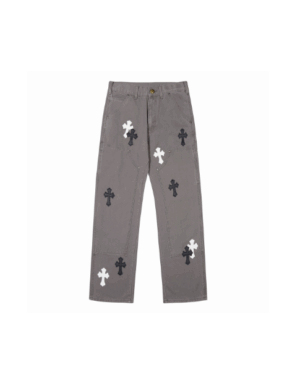 [크롬하츠] 블랙 화이트 크로스 가죽 패치 워크 팬츠