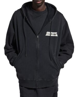 [발렌시아가]  남성 마스킹 테이프 오버사이즈 집업 후디 페이디드 블랙 850338